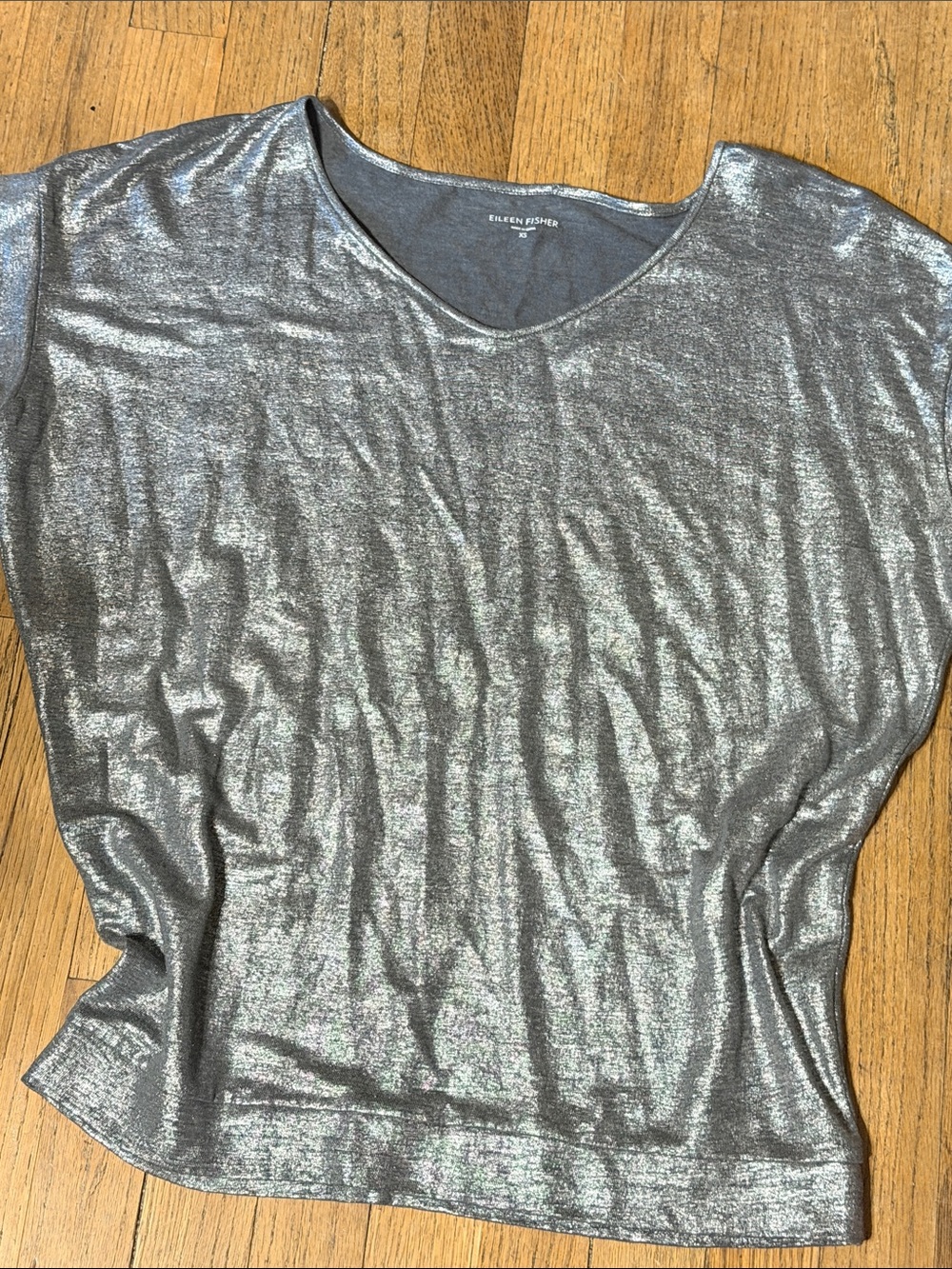 Eileen Fisher Silver Metallic V-Neck Short Sleeve Top